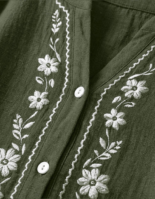 Load image into Gallery viewer, Linen Shirts for Women - Summer Plus Size Embroidered Tops 3/4 Sleeve V Neck Button Blouses Beach Vacation Clothes
