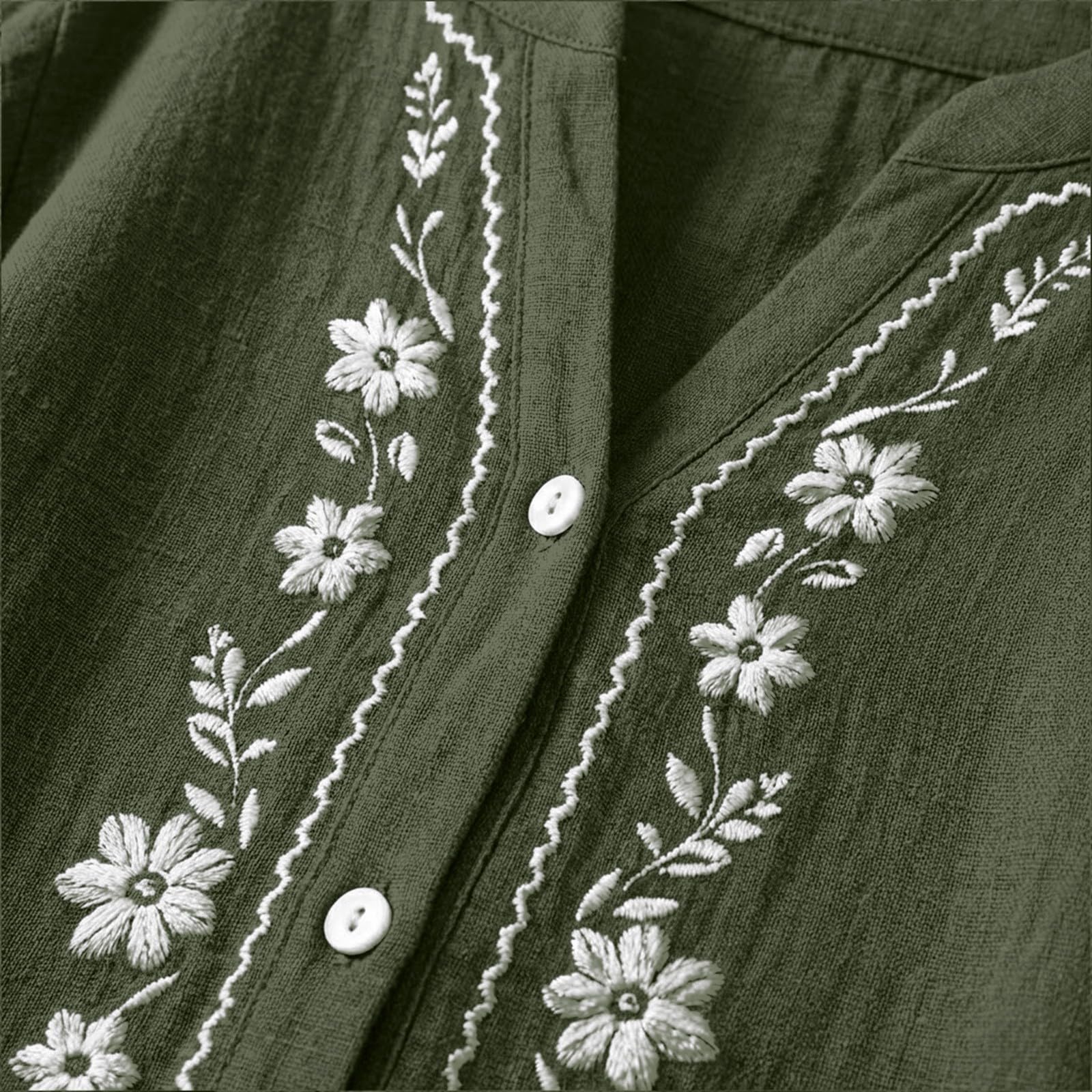 Linen Shirts for Women - Summer Plus Size Embroidered Tops 3/4 Sleeve V Neck Button Blouses Beach Vacation Clothes