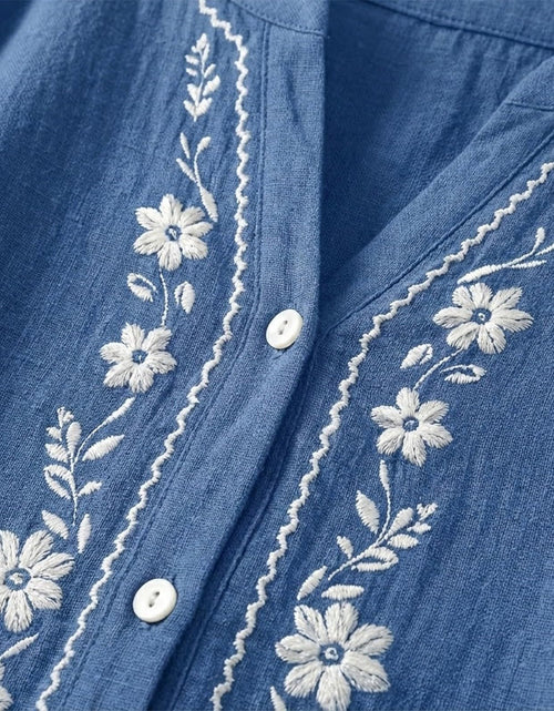 Load image into Gallery viewer, Linen Shirts for Women - Summer Plus Size Embroidered Tops 3/4 Sleeve V Neck Button Blouses Beach Vacation Clothes
