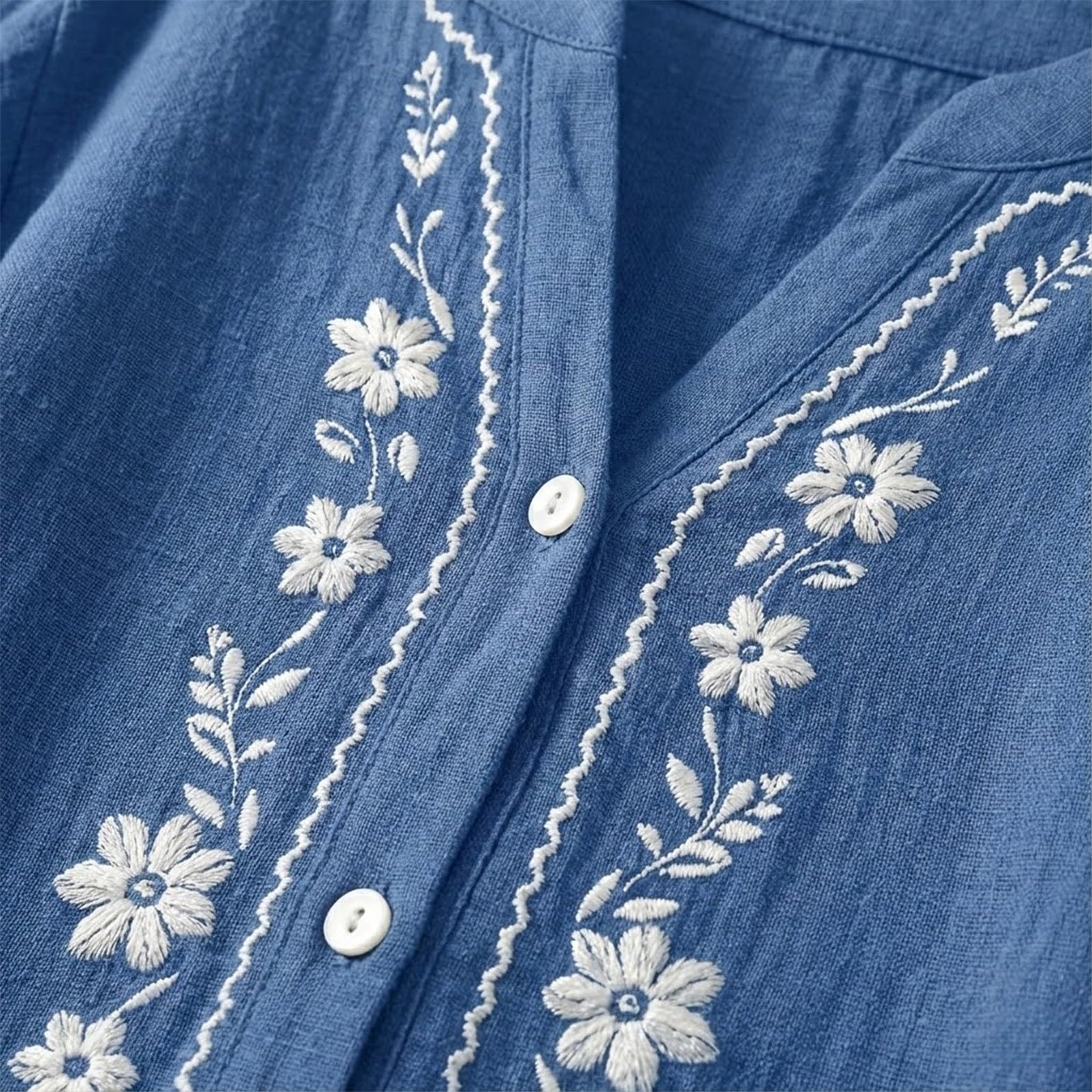 Linen Shirts for Women - Summer Plus Size Embroidered Tops 3/4 Sleeve V Neck Button Blouses Beach Vacation Clothes