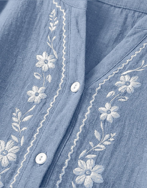 Load image into Gallery viewer, Linen Shirts for Women - Summer Plus Size Embroidered Tops 3/4 Sleeve V Neck Button Blouses Beach Vacation Clothes
