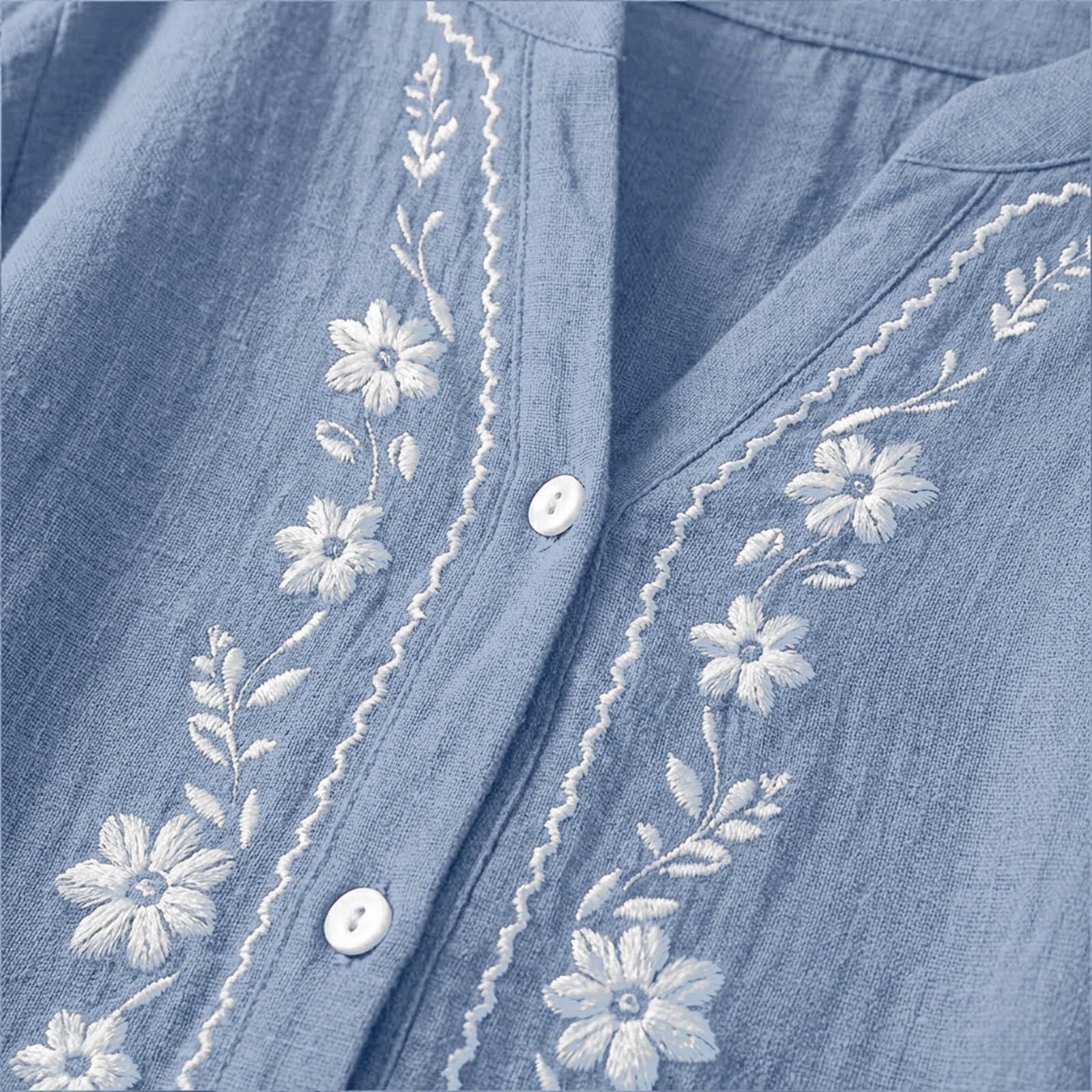 Linen Shirts for Women - Summer Plus Size Embroidered Tops 3/4 Sleeve V Neck Button Blouses Beach Vacation Clothes