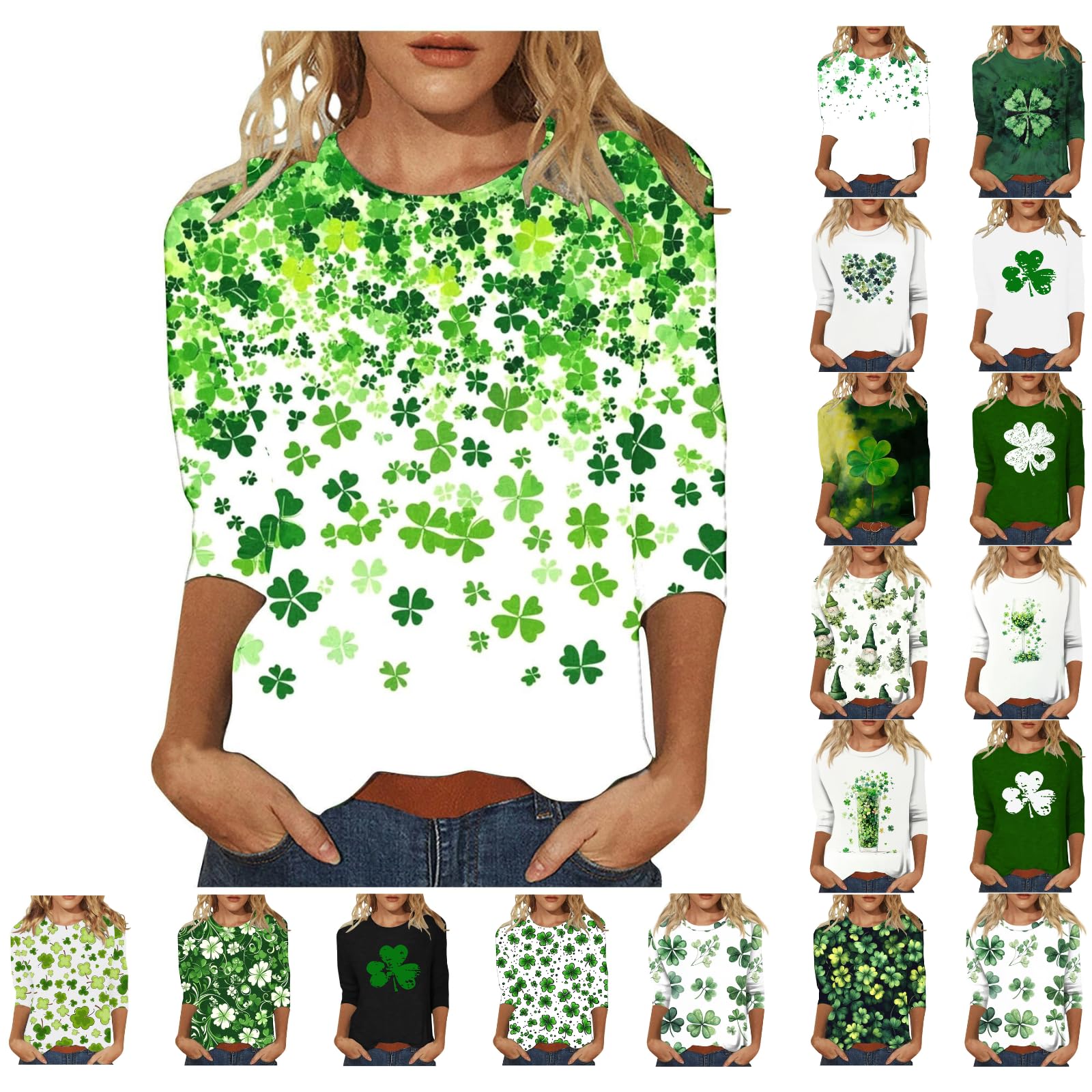St Patricks Day Shirt Women 2025 Casual Plus Size 3/4 Sleeve Irish Clover Shirts Funny Saint Patrick's Tunic Tops