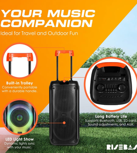 Portable Karaoke Machine with 2 Wireless Mics, Daul 8" Speakers, LED Lights, PA System, Remote, Bass/Treble Adjustment, SD Card/USB, REC Rolling Wheels and Trolley, Auto ducking Function.