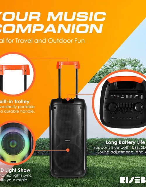 Load image into Gallery viewer, Portable Karaoke Machine with 2 Wireless Mics, Daul 8" Speakers, LED Lights, PA System, Remote, Bass/Treble Adjustment, SD Card/USB, REC Rolling Wheels and Trolley, Auto ducking Function.
