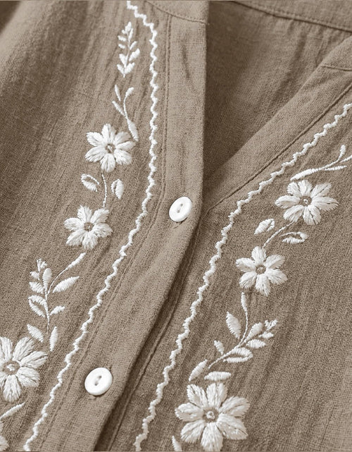 Load image into Gallery viewer, Linen Shirts for Women - Summer Plus Size Embroidered Tops 3/4 Sleeve V Neck Button Blouses Beach Vacation Clothes
