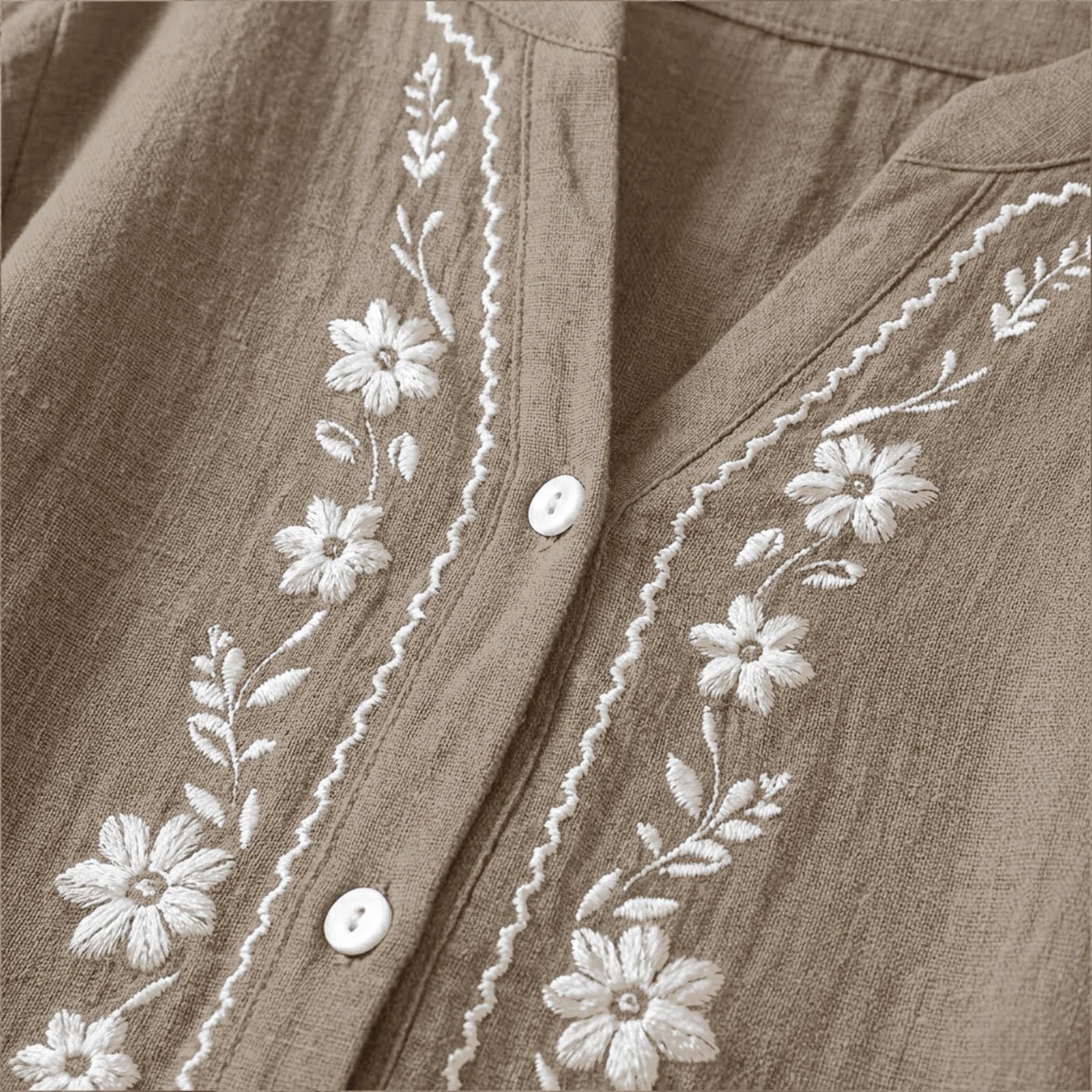 Linen Shirts for Women - Summer Plus Size Embroidered Tops 3/4 Sleeve V Neck Button Blouses Beach Vacation Clothes