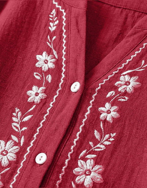 Load image into Gallery viewer, Linen Shirts for Women - Summer Plus Size Embroidered Tops 3/4 Sleeve V Neck Button Blouses Beach Vacation Clothes
