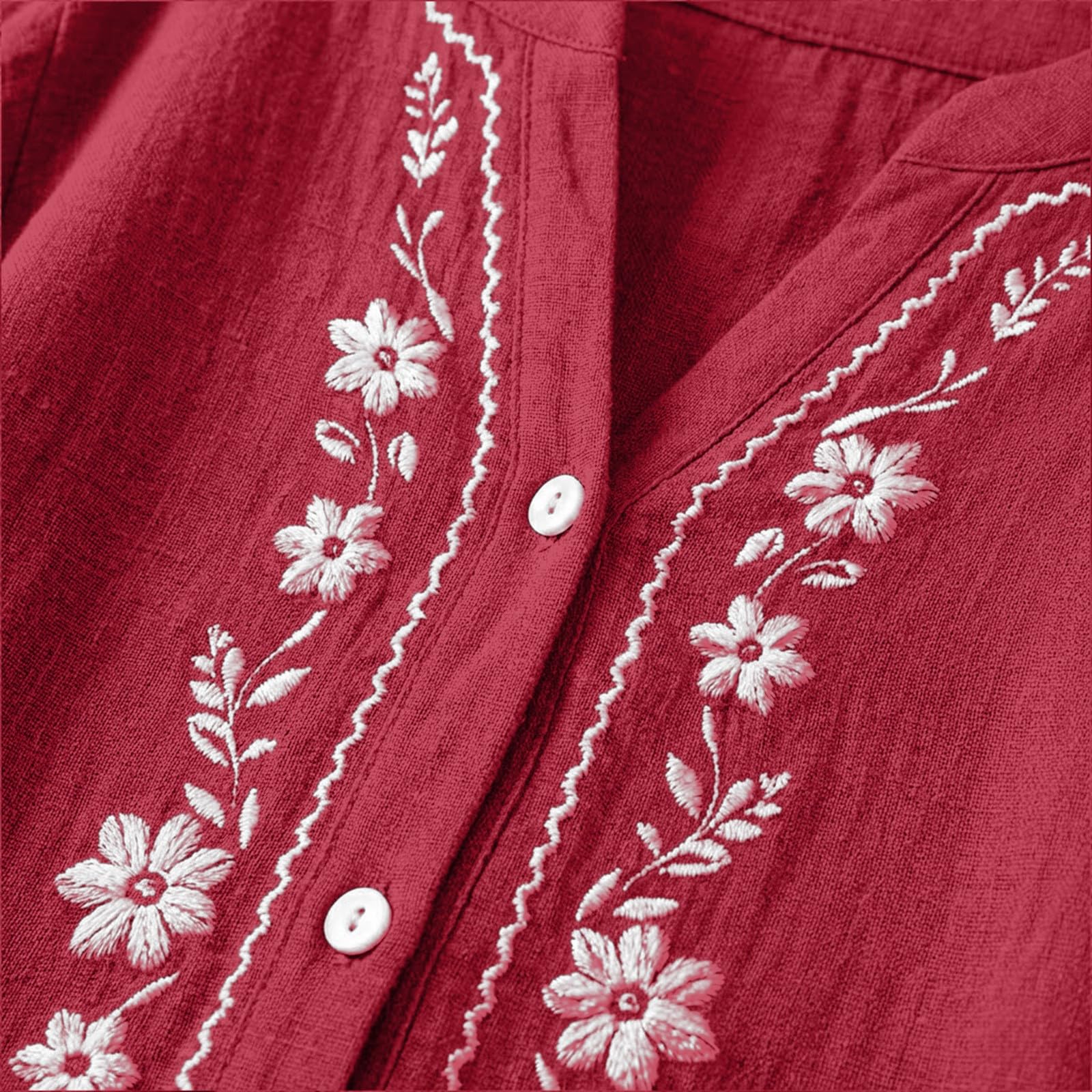 Linen Shirts for Women - Summer Plus Size Embroidered Tops 3/4 Sleeve V Neck Button Blouses Beach Vacation Clothes