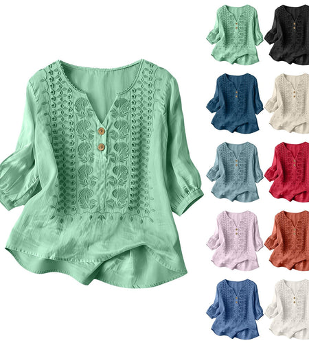 Embroidered Linen Shirts for Women 3/4 Sleeve Gauze V Neck Blouses Tops Casual Spring Summer Boho Cotton Clothes