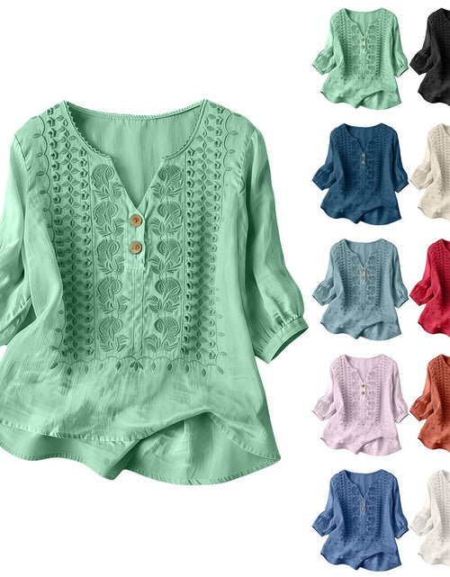 Load image into Gallery viewer, Embroidered Linen Shirts for Women 3/4 Sleeve Gauze V Neck Blouses Tops Casual Spring Summer Boho Cotton Clothes
