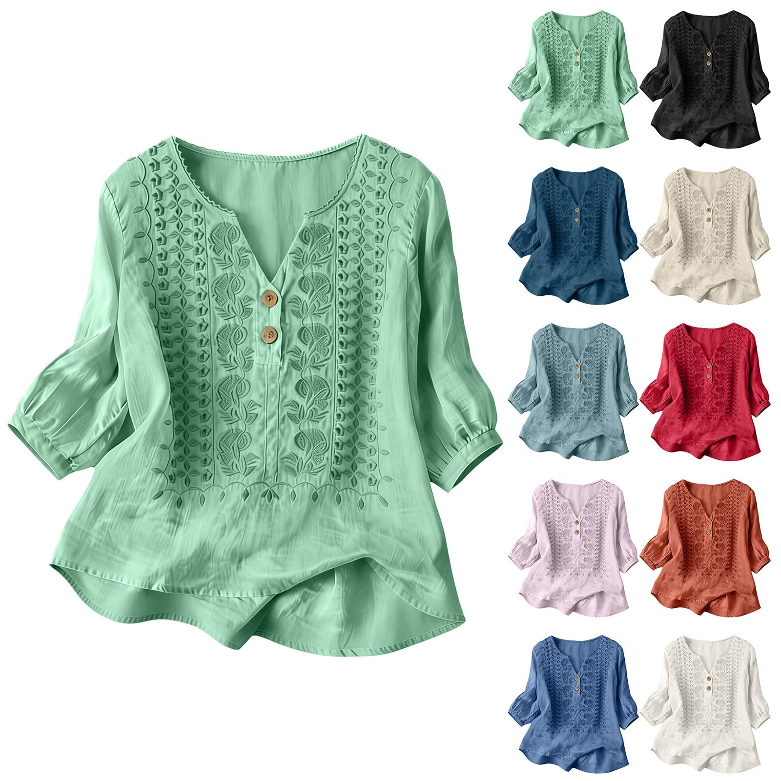 Embroidered Linen Shirts for Women 3/4 Sleeve Gauze V Neck Blouses Tops Casual Spring Summer Boho Cotton Clothes