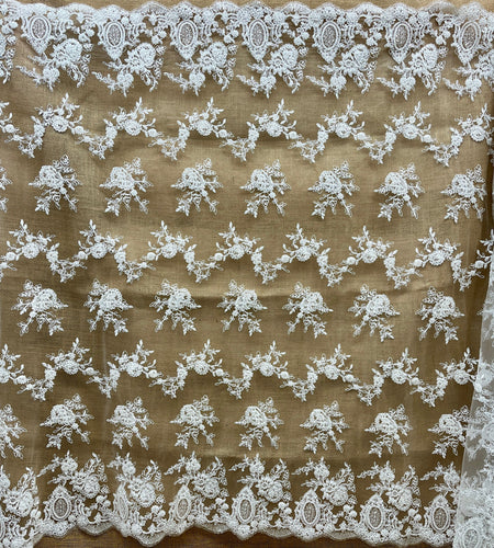 Beaded & Corded Bridal Lace Fabric Embroidered on 100% Polyester Net Mesh | Lace USA - 96788W-HB