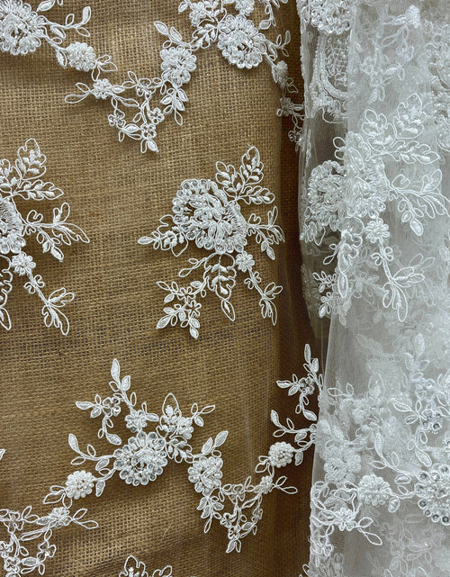 Load image into Gallery viewer, Beaded &amp; Corded Bridal Lace Fabric Embroidered on 100% Polyester Net Mesh | Lace USA - 96788W-HB
