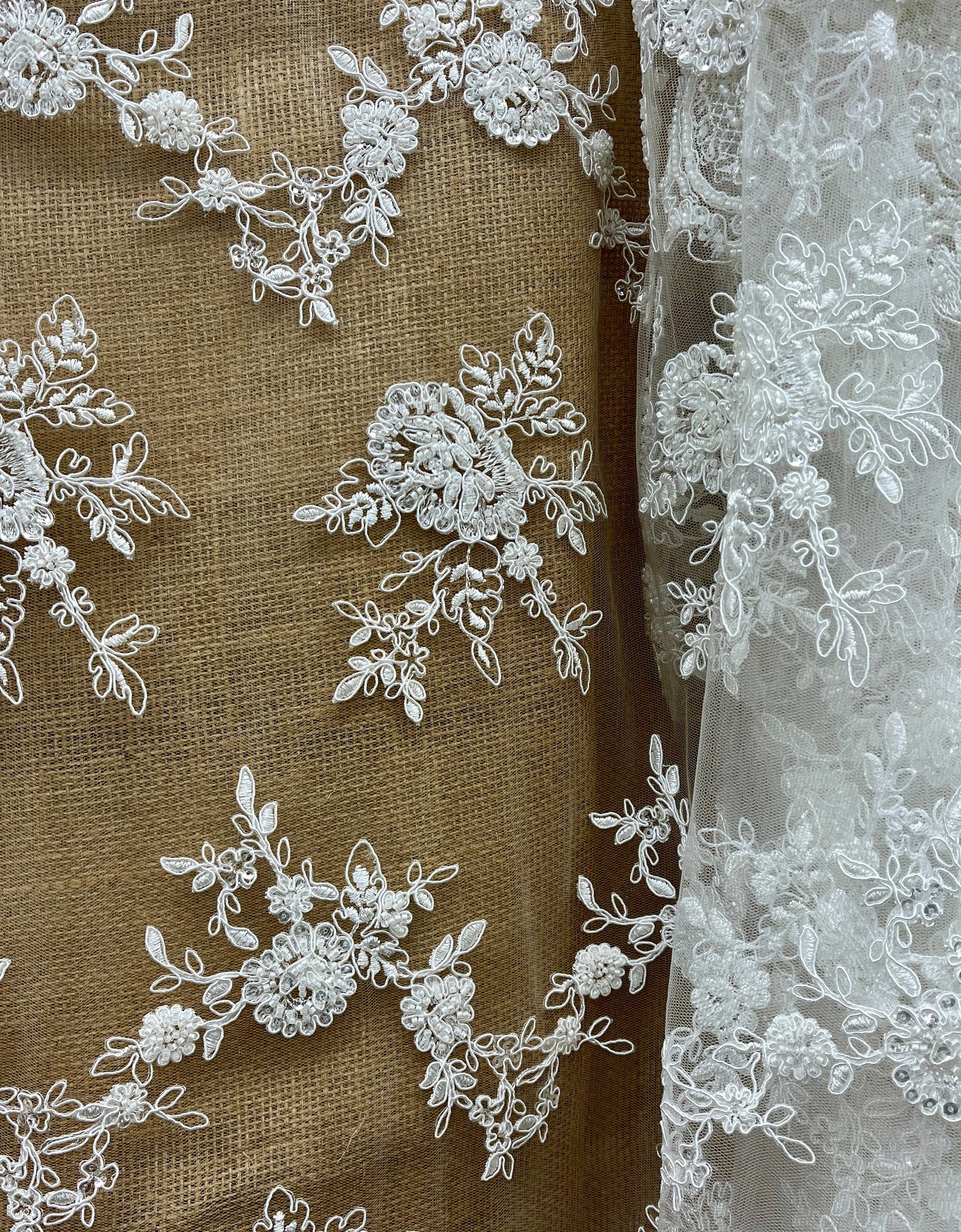 Beaded & Corded Bridal Lace Fabric Embroidered on 100% Polyester Net Mesh | Lace USA - 96788W-HB