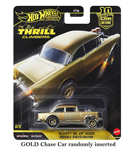 Hot Wheels Thrill Climbers 5-Piece Set showcasing a 1955 Chevy Bel Air Gasser diecast model in packaging.