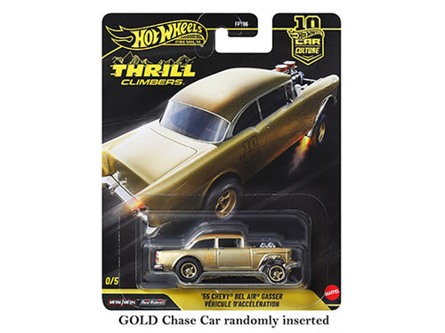 Load image into Gallery viewer, Hot Wheels Thrill Climbers 5-Piece Set showcasing a 1955 Chevy Bel Air Gasser diecast model in packaging.
