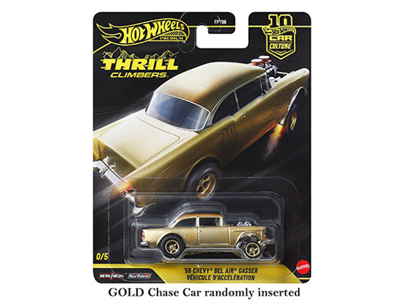 Hot Wheels Thrill Climbers 5-Piece Set showcasing a 1955 Chevy Bel Air Gasser diecast model in packaging.