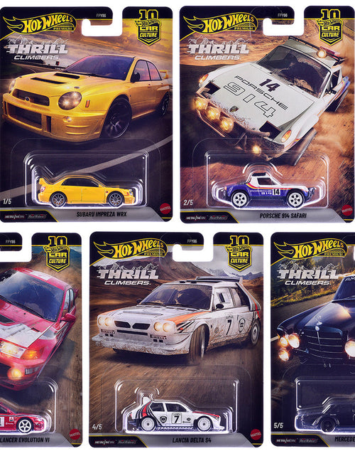 Load image into Gallery viewer, Hot Wheels Thrill Climbers 5-Piece Set displayed in packaging, featuring detailed diecast models with rubber tires.
