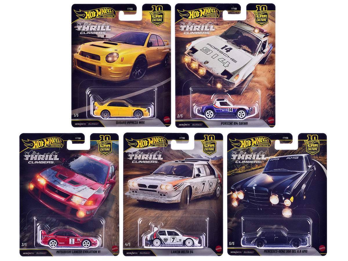 Hot Wheels Thrill Climbers 5-Piece Set displayed in packaging, featuring detailed diecast models with rubber tires.