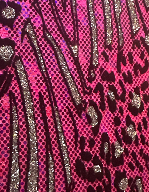 Load image into Gallery viewer, Cheetah Metallic Glitter Fabric | Hologram Flocking Nylon Spandex
