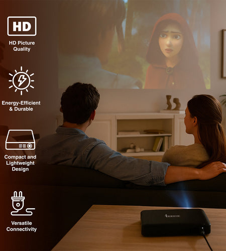 Pursonic Compact HD Projector showcasing HD picture quality with a couple enjoying a cinematic experience at home.