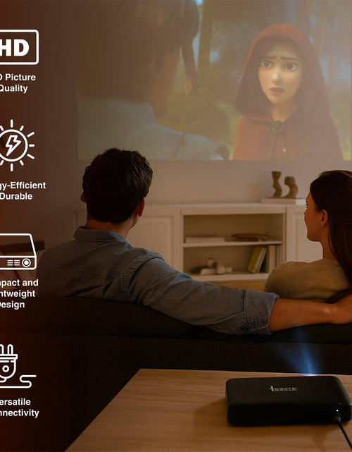 Load image into Gallery viewer, Pursonic Compact HD Projector showcasing HD picture quality with a couple enjoying a cinematic experience at home.
