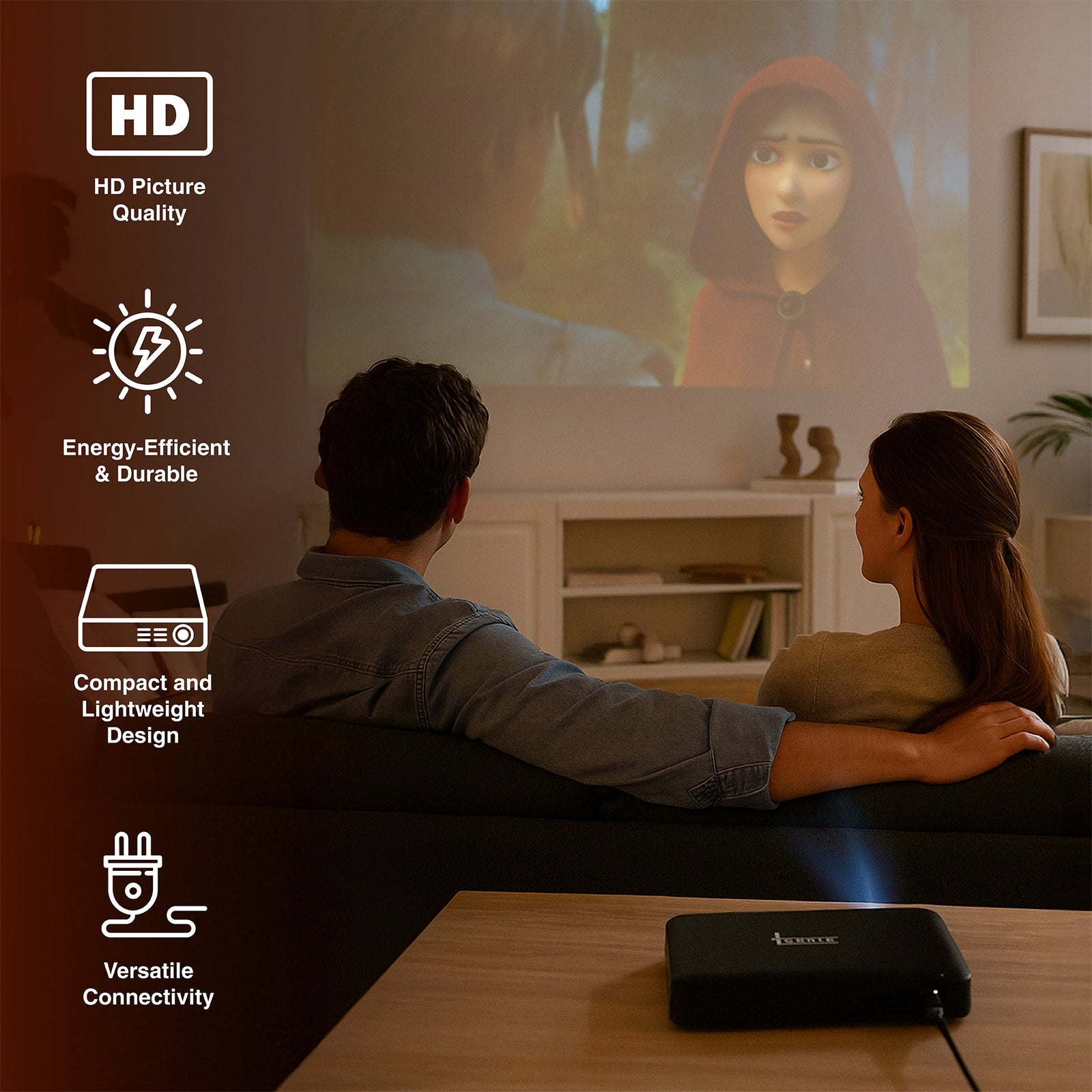 Pursonic Compact HD Projector showcasing HD picture quality with a couple enjoying a cinematic experience at home.