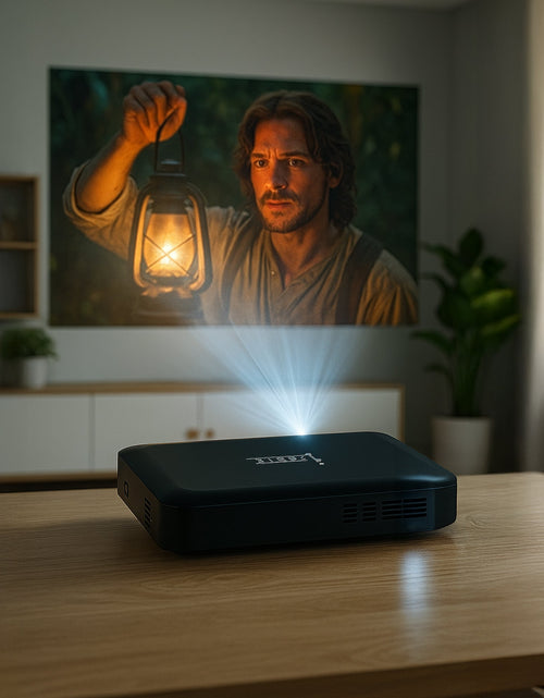 Load image into Gallery viewer, Pursonic Compact HD Projector showcasing high-definition visuals in a cozy setting with a cinematic feel.
