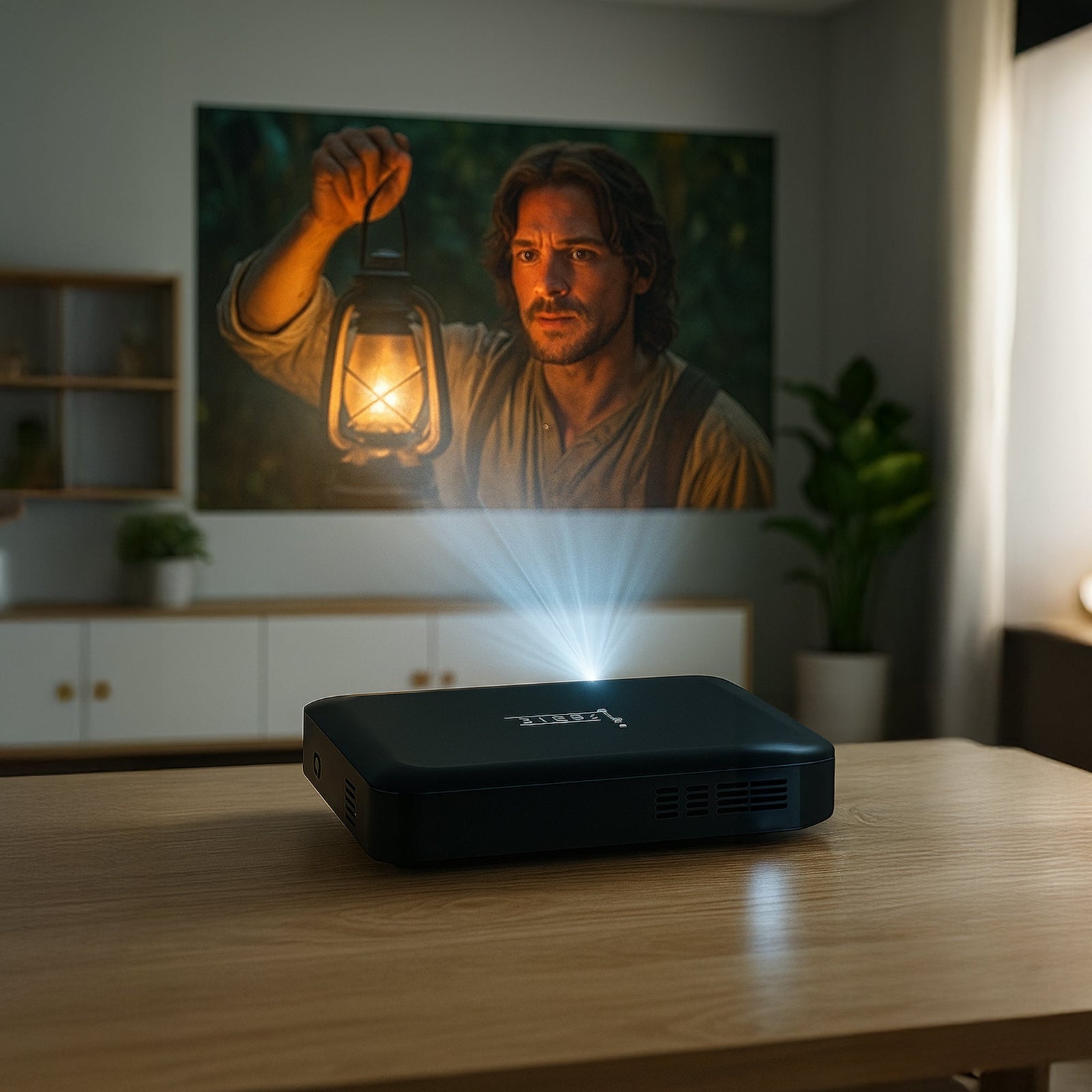 Pursonic Compact HD Projector showcasing high-definition visuals in a cozy setting with a cinematic feel.