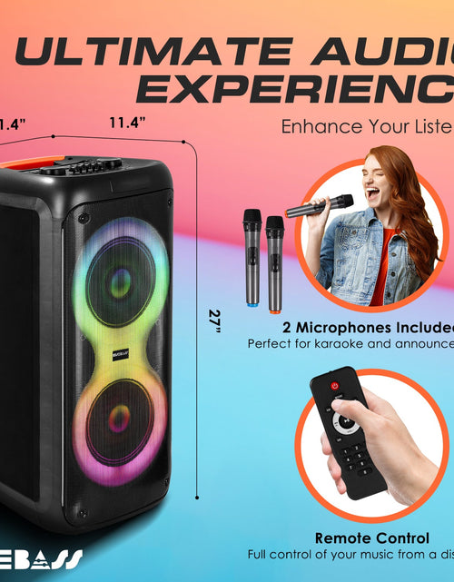 Load image into Gallery viewer, Portable Karaoke Machine with 2 Wireless Mics, Daul 8" Speakers, LED Lights, PA System, Remote, Bass/Treble Adjustment, SD Card/USB, REC Rolling Wheels and Trolley, Auto ducking Function.
