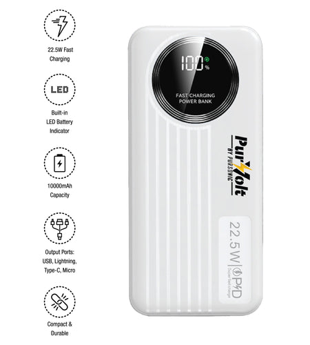 Pursonic 10,000mAh LED Fast Charging Power Bank – Built-in Cables, 22.5W Output, Type-C/USB/Lightning Compatibility