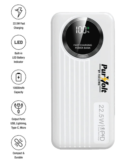 Load image into Gallery viewer, Pursonic 10,000mAh LED Fast Charging Power Bank – Built-in Cables, 22.5W Output, Type-C/USB/Lightning Compatibility
