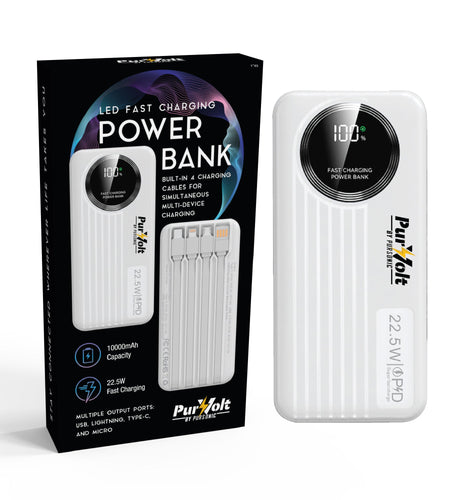 Pursonic 10,000mAh LED Fast Charging Power Bank – Built-in Cables, 22.5W Output, Type-C/USB/Lightning Compatibility