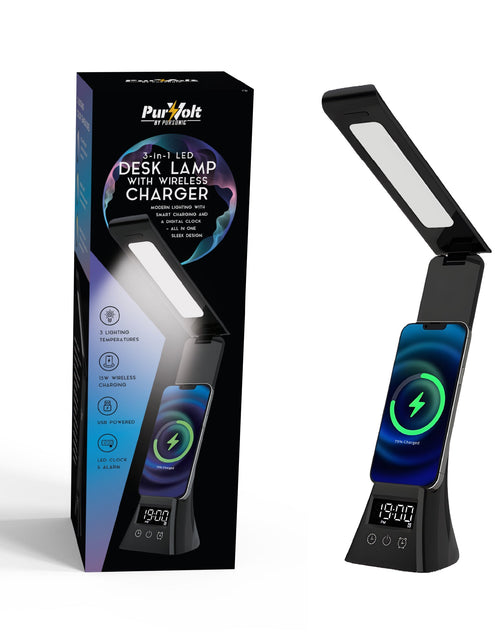 Load image into Gallery viewer, Pursonic 3-in-1 LED Desk Lamp with Wireless Charger and Alarm Clock – Sleek, Smart, and Space-Saving
