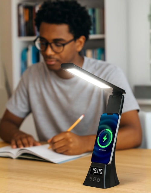 Load image into Gallery viewer, Pursonic 3-in-1 LED Desk Lamp with Wireless Charger and Alarm Clock – Sleek, Smart, and Space-Saving
