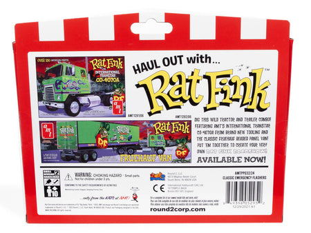 Skill 2 Model Kit Light Commercial Classic Emergency Flasher Bars back packaging with Rat Fink truck details.