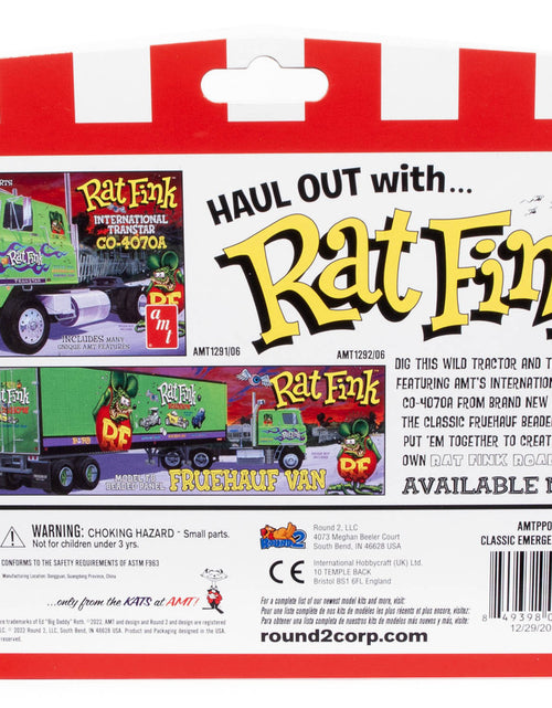 Load image into Gallery viewer, Skill 2 Model Kit Light Commercial Classic Emergency Flasher Bars back packaging with Rat Fink truck details.

